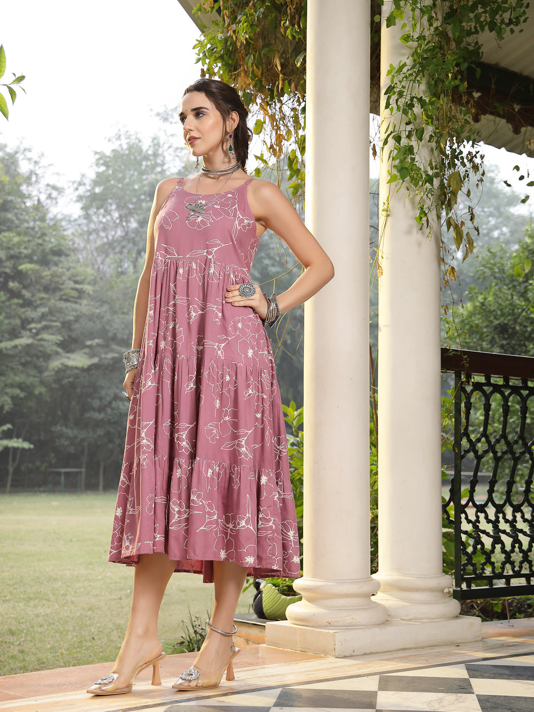 Women's Mauve Floral Printed Rayon Tiered Dress (DRSMAUVEBOLLY) | Desi