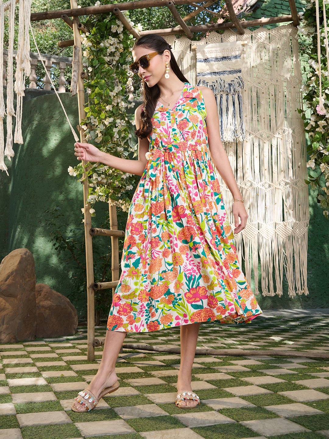 Women's Multi Floral Printed Rayon Flared Dress (DRSMULTISAMBA) | Desi