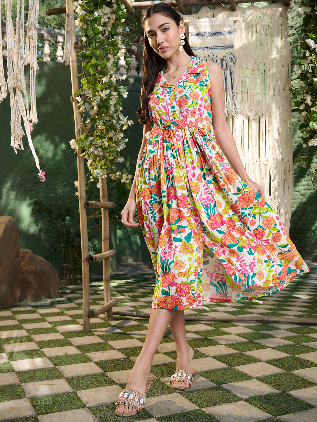 Women's Multi Floral Printed Rayon Flared Dress (DRSMULTISAMBA) | Desi