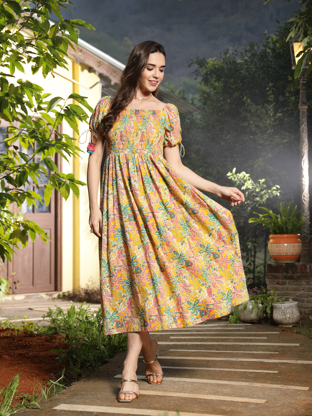 Women's Multicolor Floral Printed Cotton Flared Dress (DRSMULTISMOKY) 