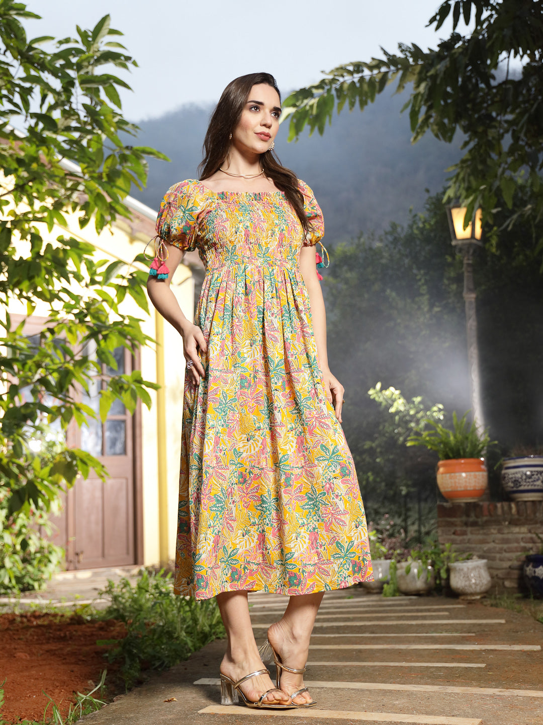 Women's Multicolor Floral Printed Cotton Flared Dress (DRSMULTISMOKY) 