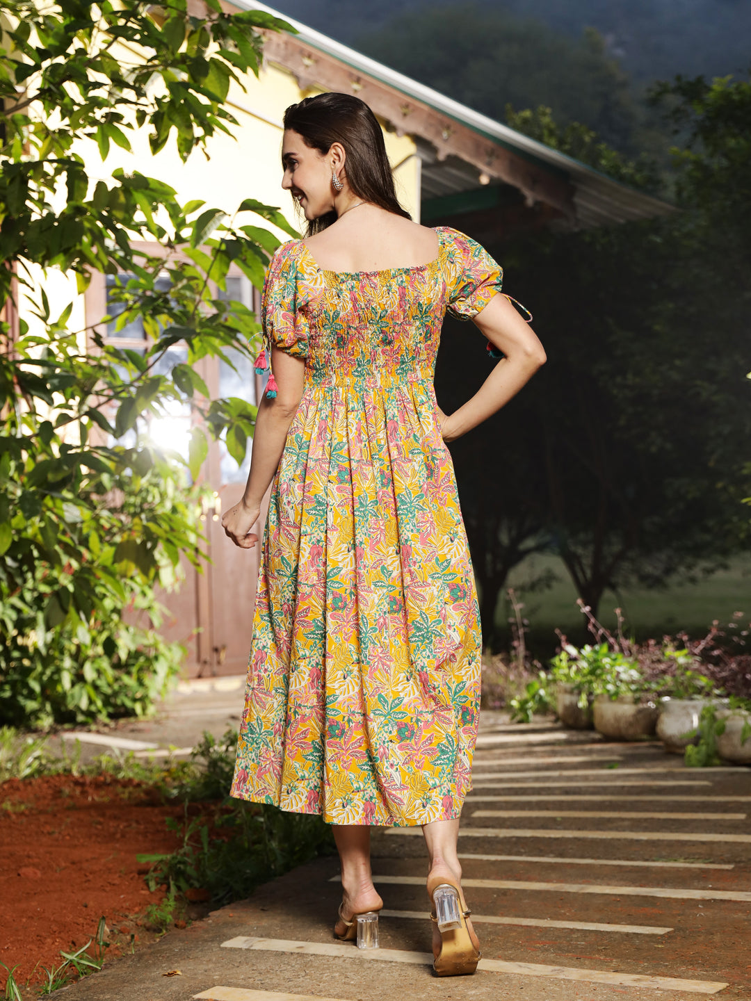 Women's Multicolor Floral Printed Cotton Flared Dress (DRSMULTISMOKY) 