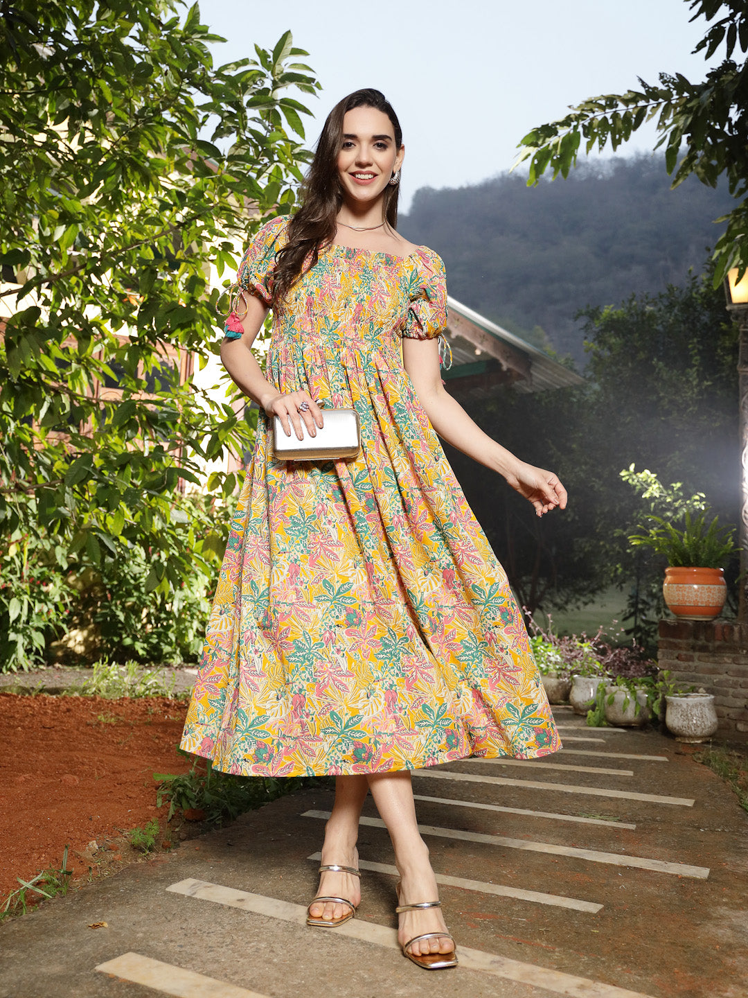 Women's Multicolor Floral Printed Cotton Flared Dress (DRSMULTISMOKY) 