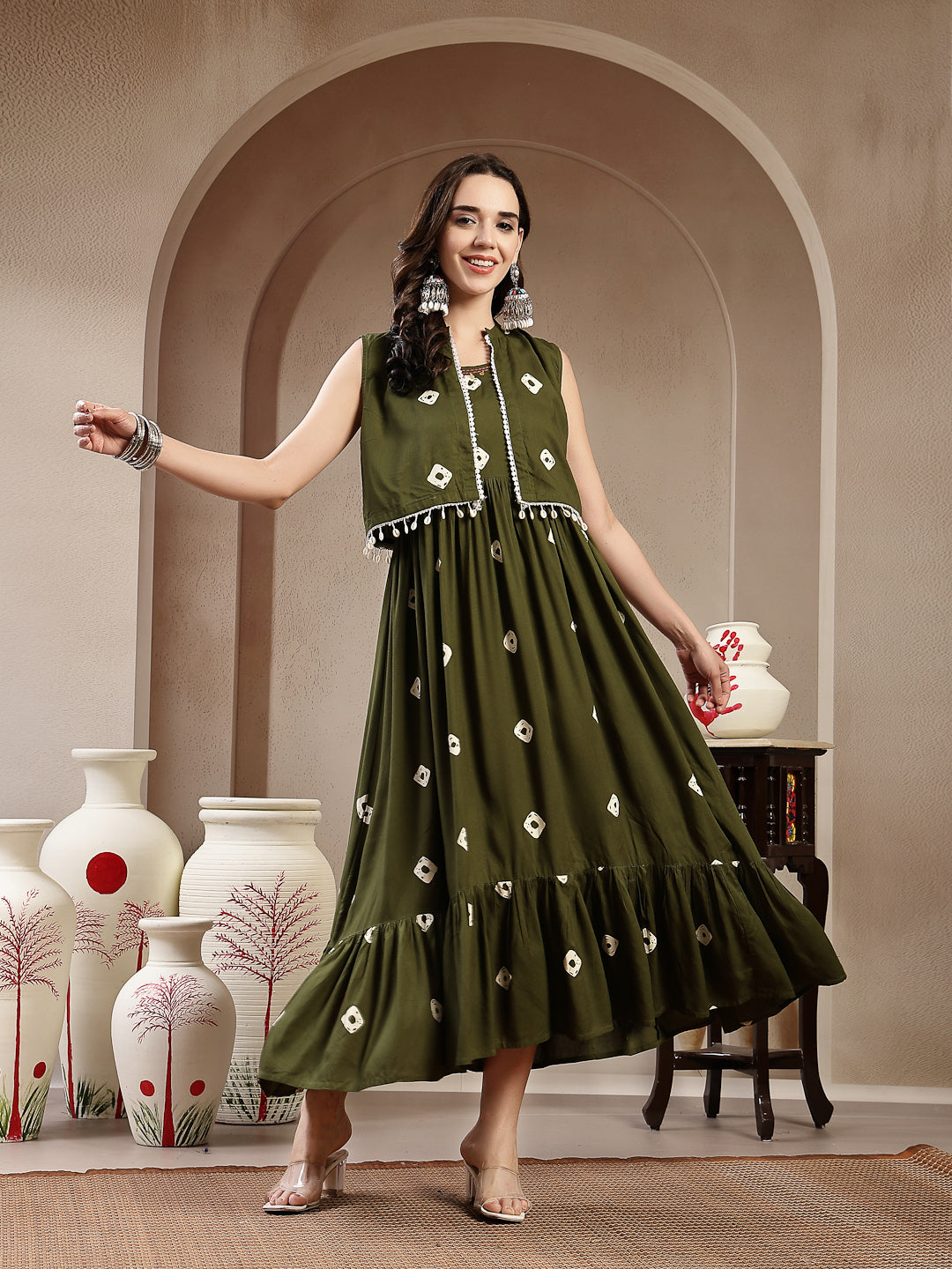 Women's Green Bandhej Printed Rayon Tiered Dress With Ethnic Jacket (D