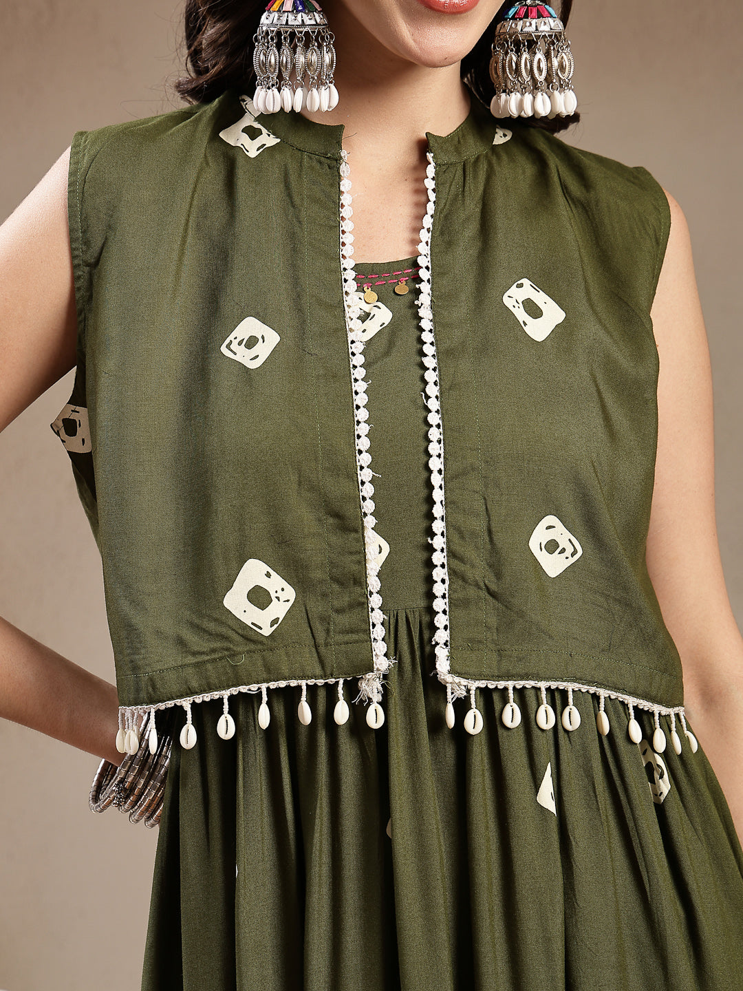 Women's Green Bandhej Printed Rayon Tiered Dress With Ethnic Jacket (D