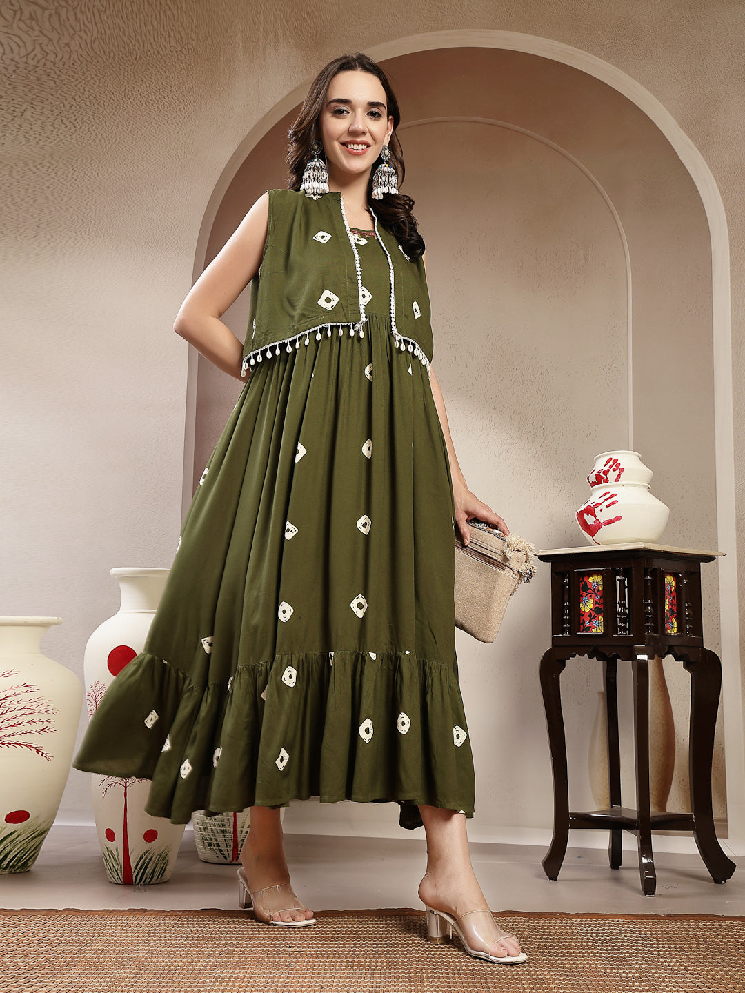Women's Green Bandhej Printed Rayon Tiered Dress With Ethnic Jacket (D