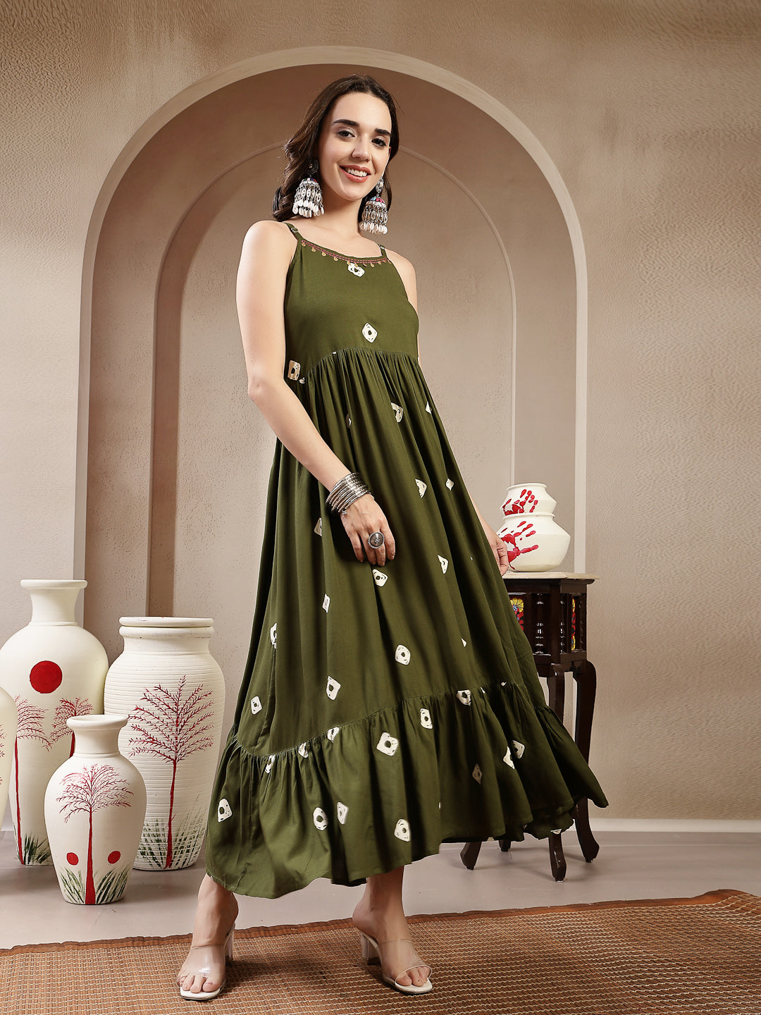 Women's Green Bandhej Printed Rayon Tiered Dress With Ethnic Jacket (D