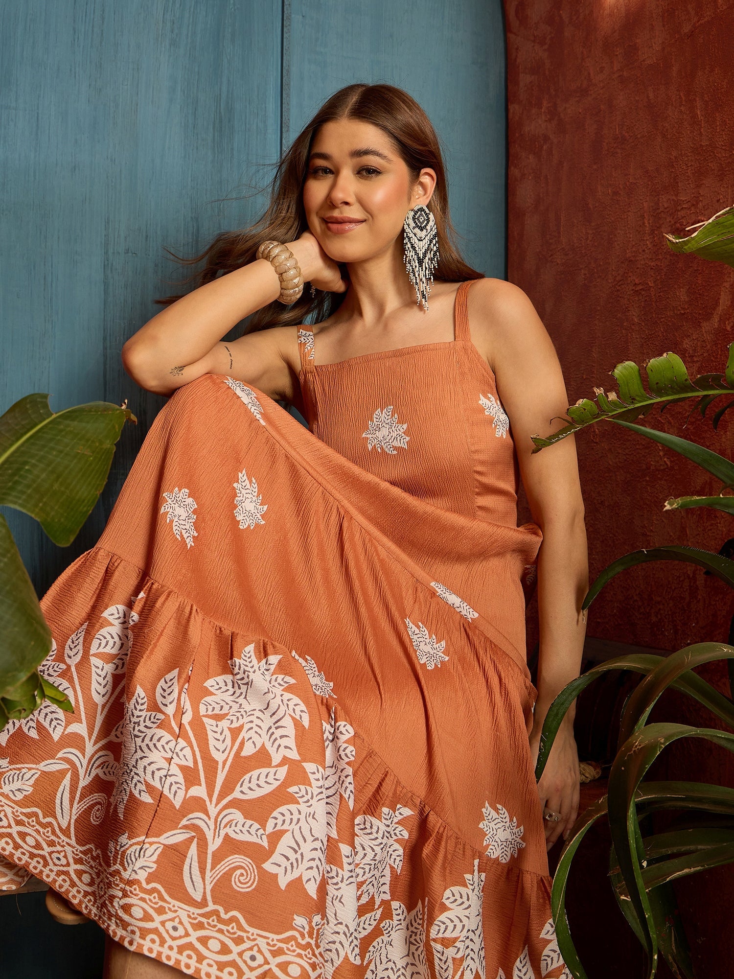Women's Orange Tropical Digital Printed Crepe Tiered Dress (DRSORANGEB