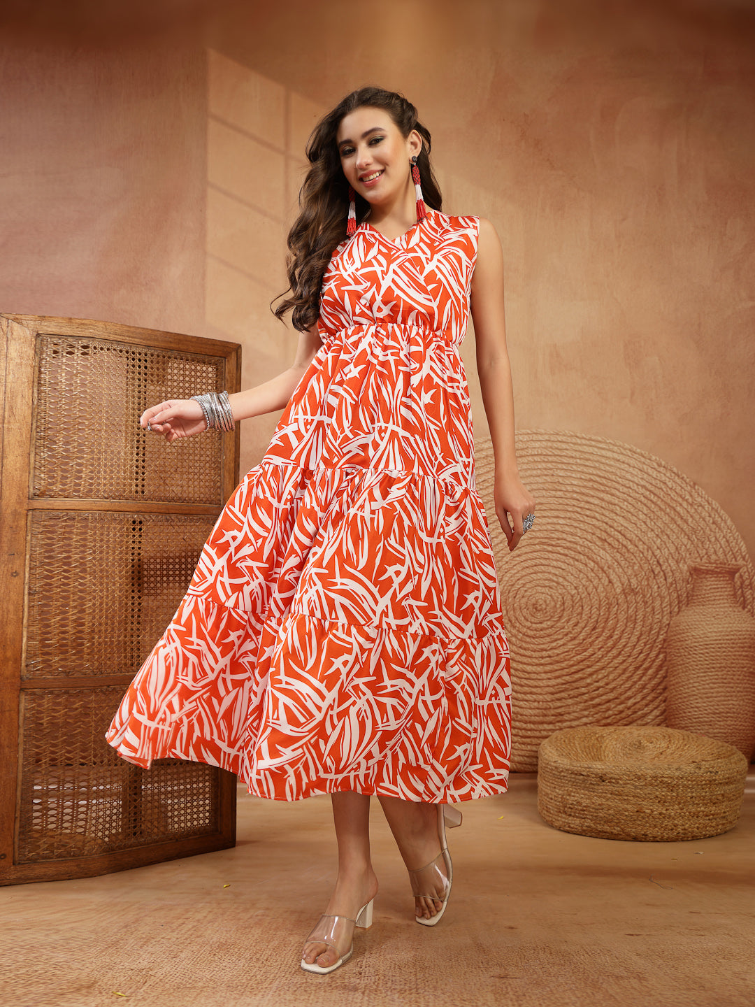 Women's Orange Abstract Printed Poly Rayon Tiered Dress (DRSORANGEELAR