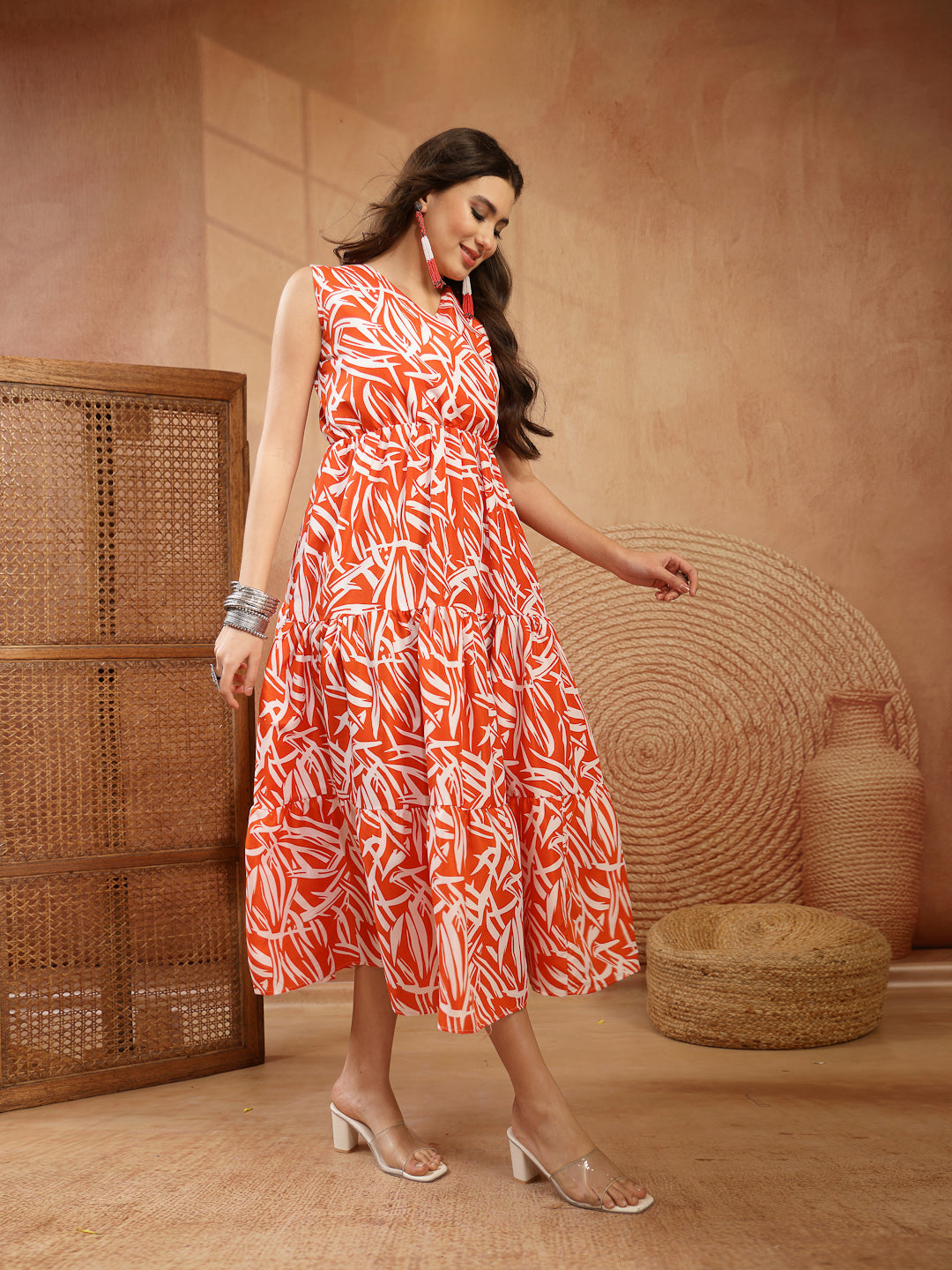 Women's Orange Abstract Printed Poly Rayon Tiered Dress (DRSORANGEELAR