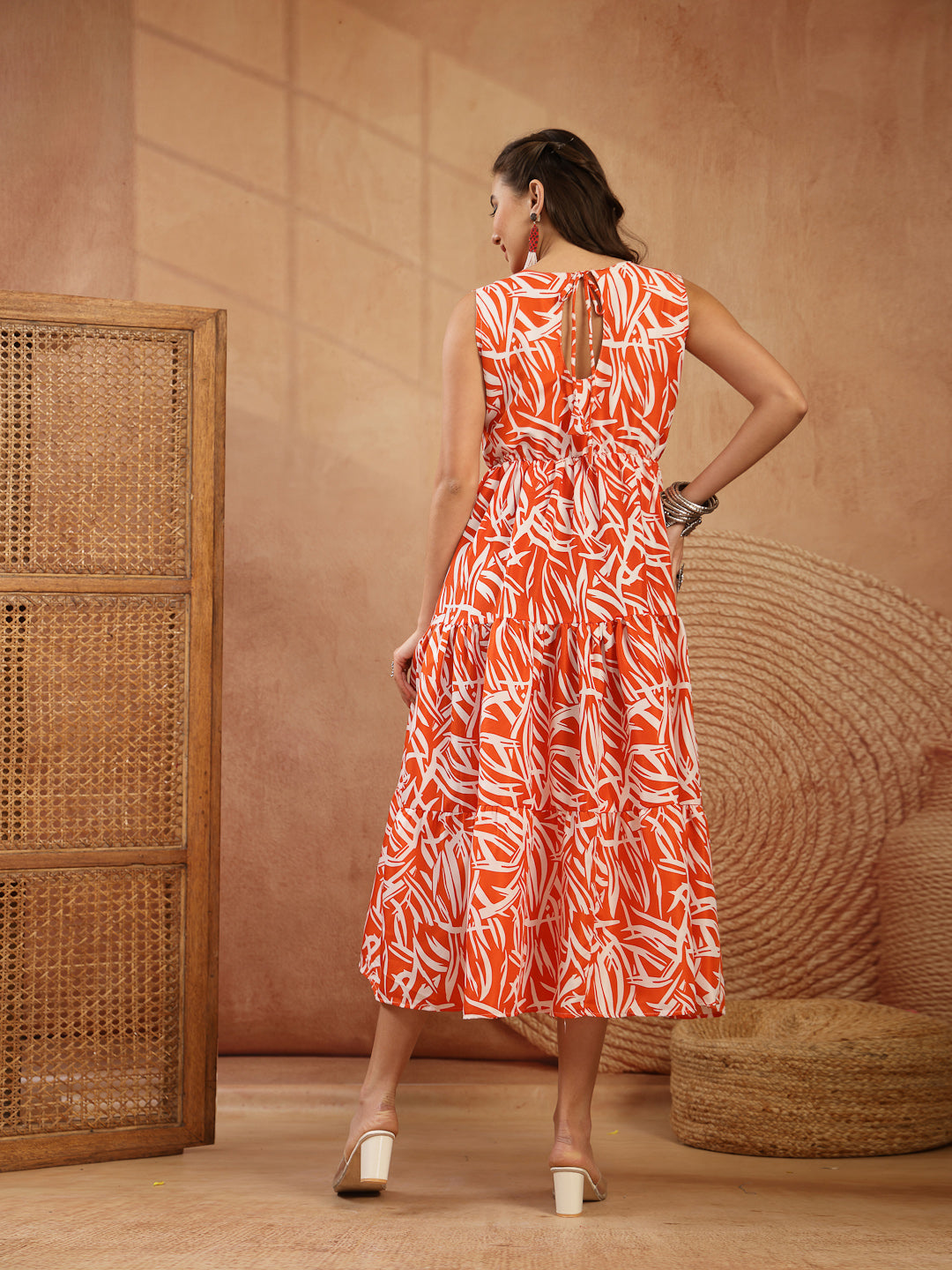 Women's Orange Abstract Printed Poly Rayon Tiered Dress (DRSORANGEELAR
