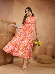 Stylum Women's Orange Abstract Printed Poly Rayon Tiered Dress (DRSORANGEELARA)