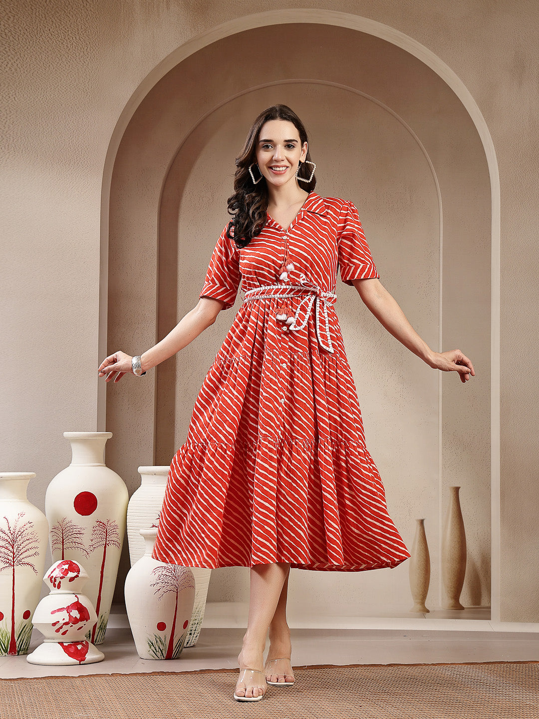 Women's Orange Leheriya Printed Cotton Tiered Dress (DRSORANGEPEPPY) |