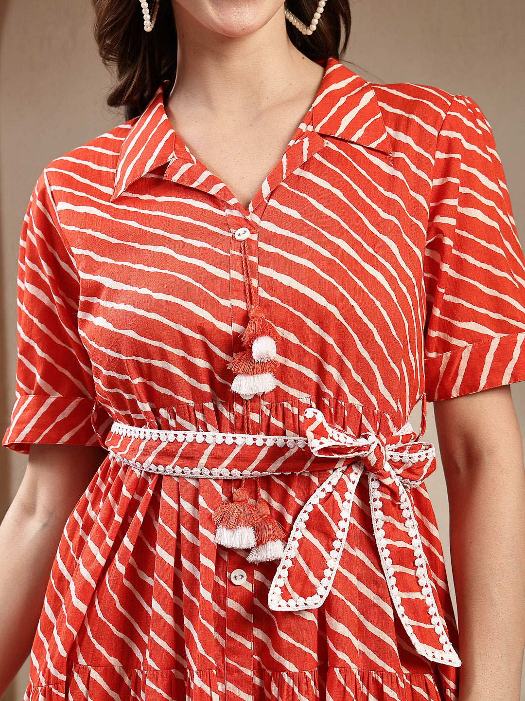 Women's Orange Leheriya Printed Cotton Tiered Dress (DRSORANGEPEPPY) |
