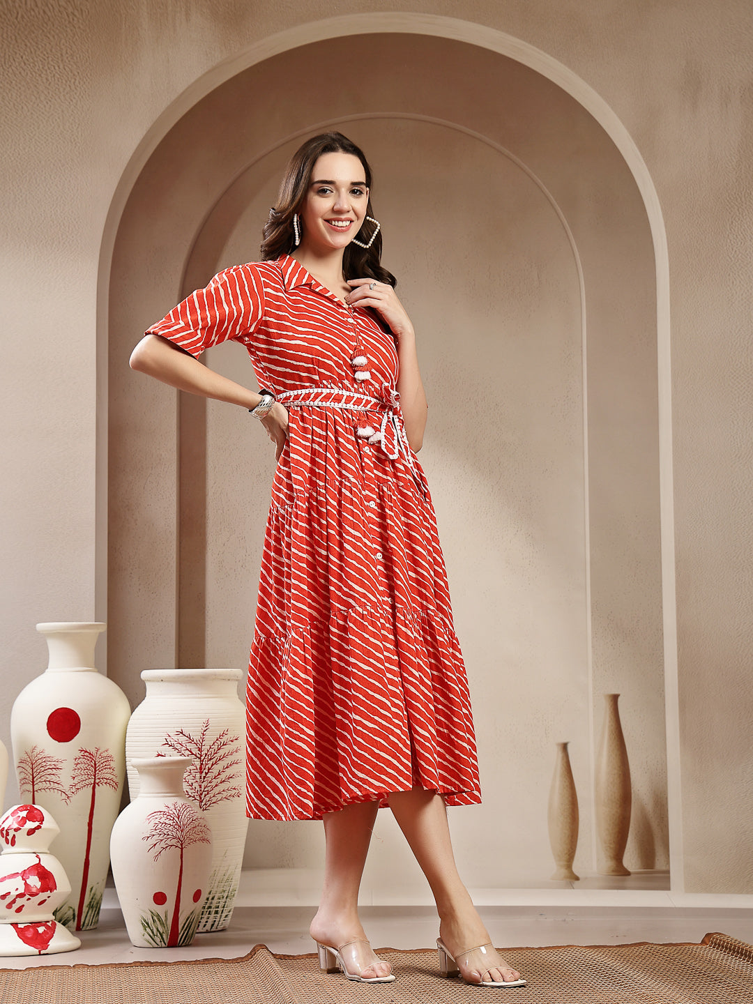 Women's Orange Leheriya Printed Cotton Tiered Dress (DRSORANGEPEPPY) |