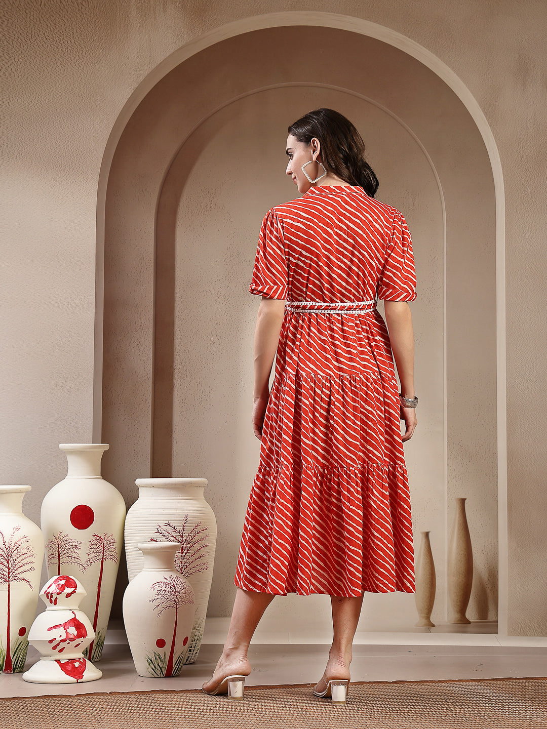 Women's Orange Leheriya Printed Cotton Tiered Dress (DRSORANGEPEPPY) |
