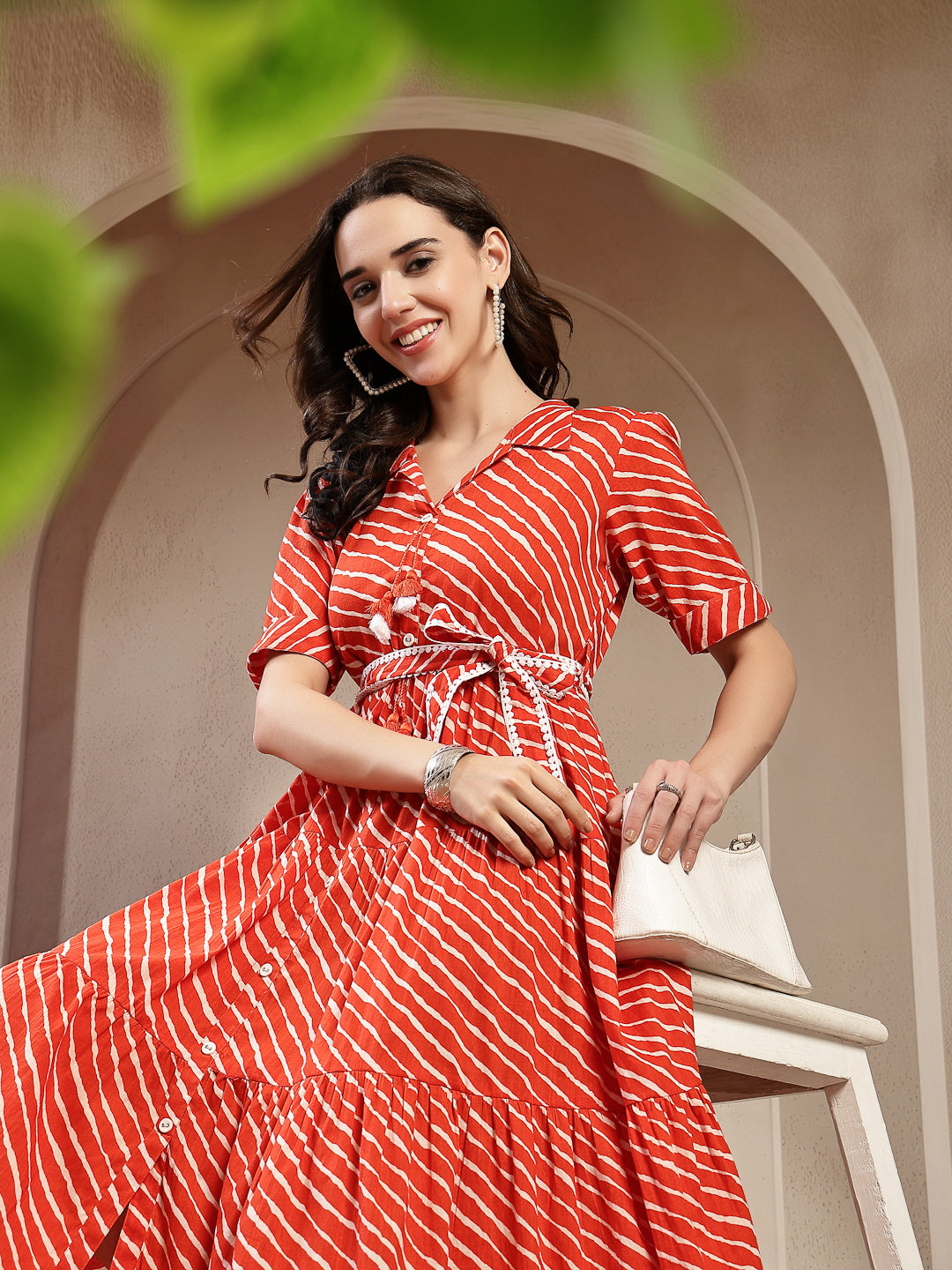 Women's Orange Leheriya Printed Cotton Tiered Dress (DRSORANGEPEPPY) |