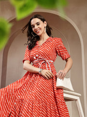 Stylum Women's Orange Leheriya Printed Cotton Tiered Dress (DRSORANGEPEPPY)