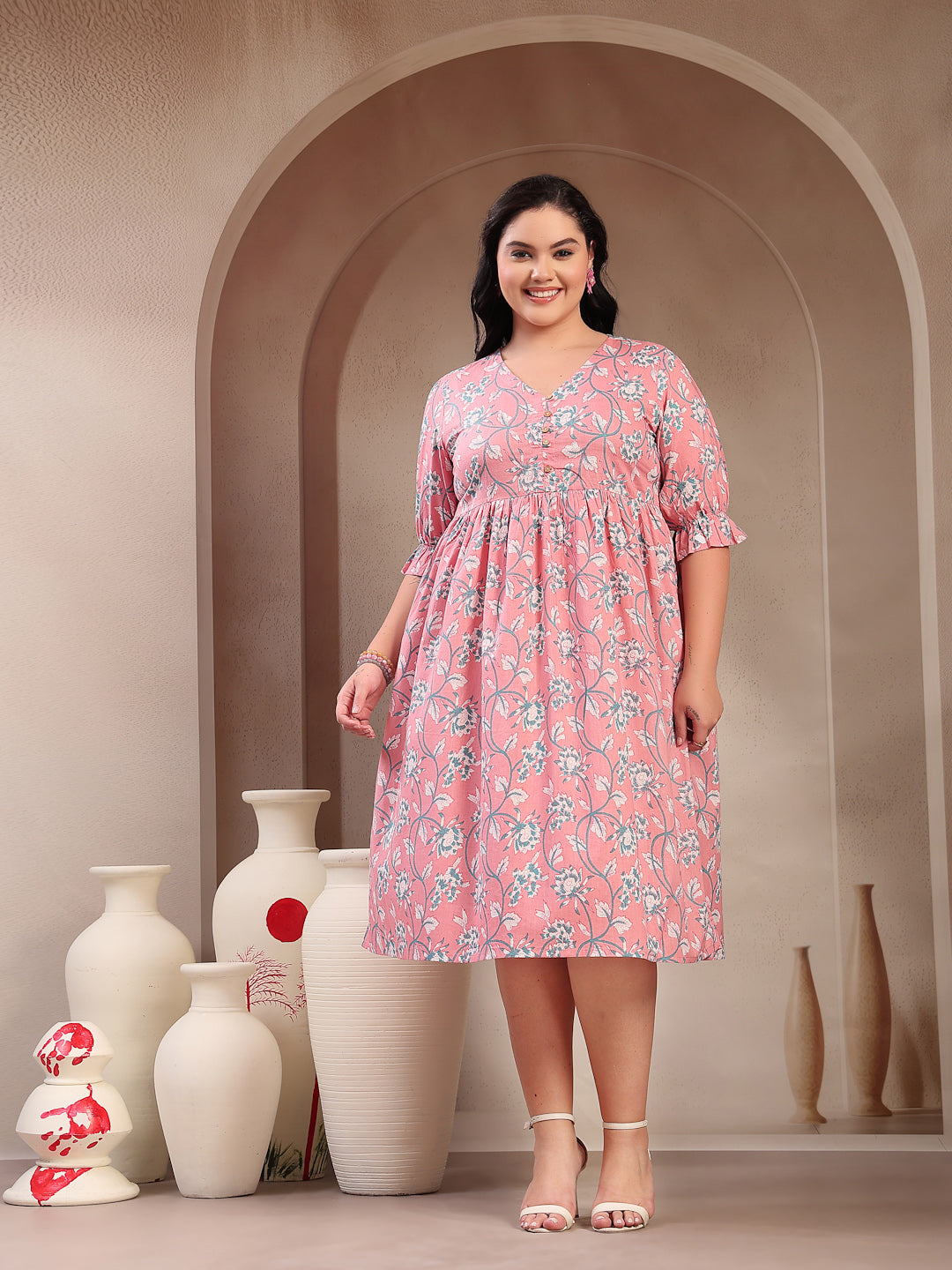 Women's Plus Size Pestal Pink Ethnic Printed Cotton Flared Dress (DRSP
