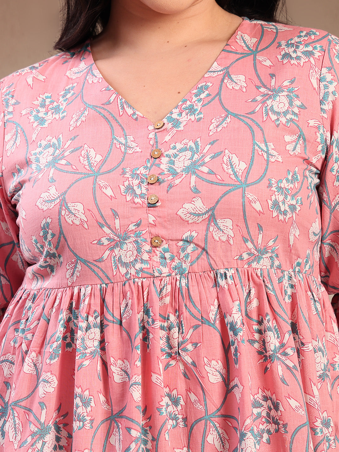 Women's Plus Size Pestal Pink Ethnic Printed Cotton Flared Dress (DRSP