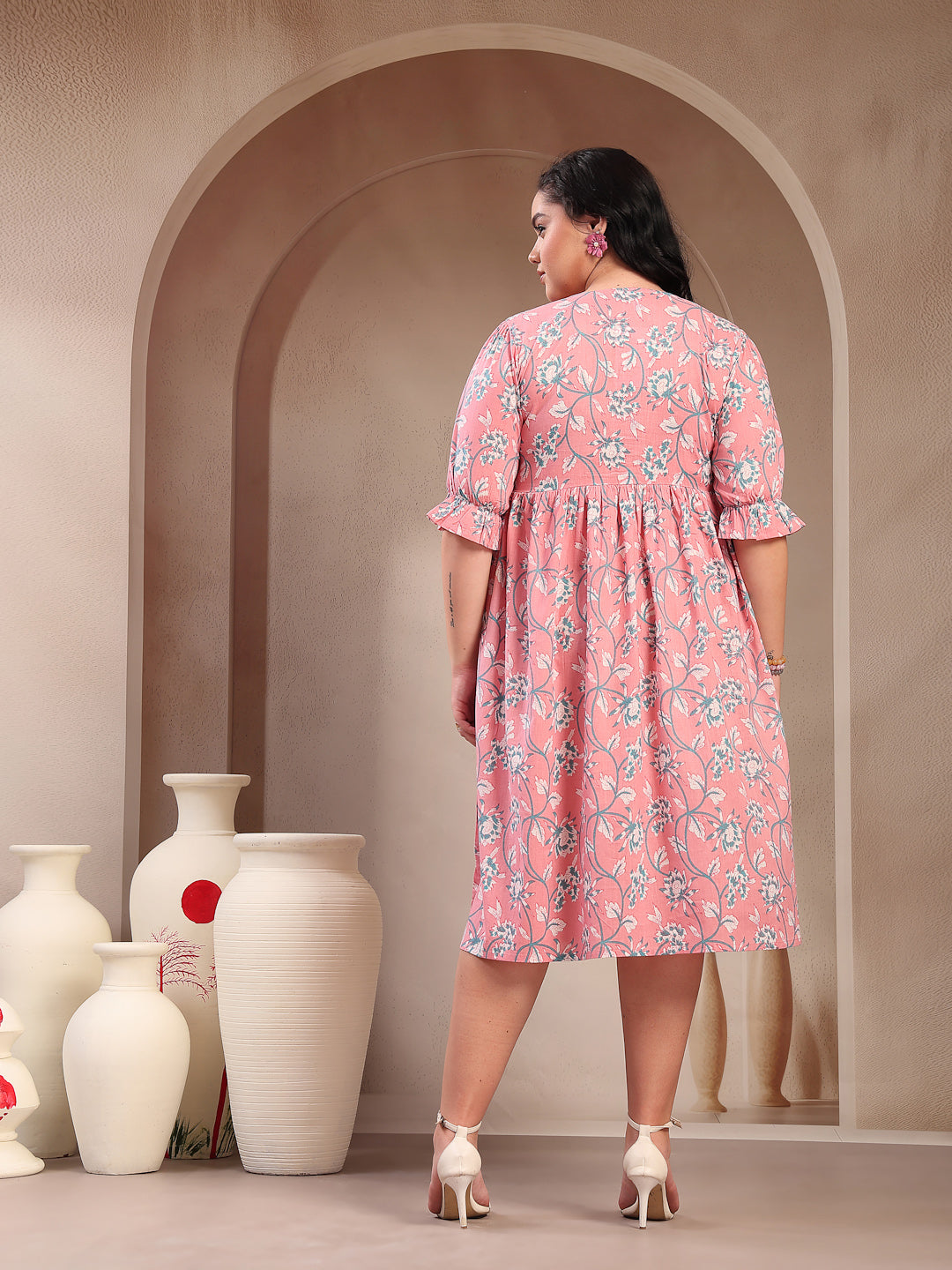 Women's Plus Size Pestal Pink Ethnic Printed Cotton Flared Dress (DRSP