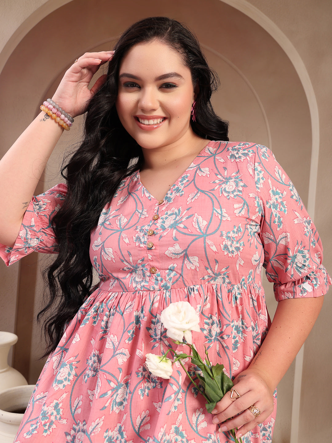 Women's Plus Size Pestal Pink Ethnic Printed Cotton Flared Dress (DRSP