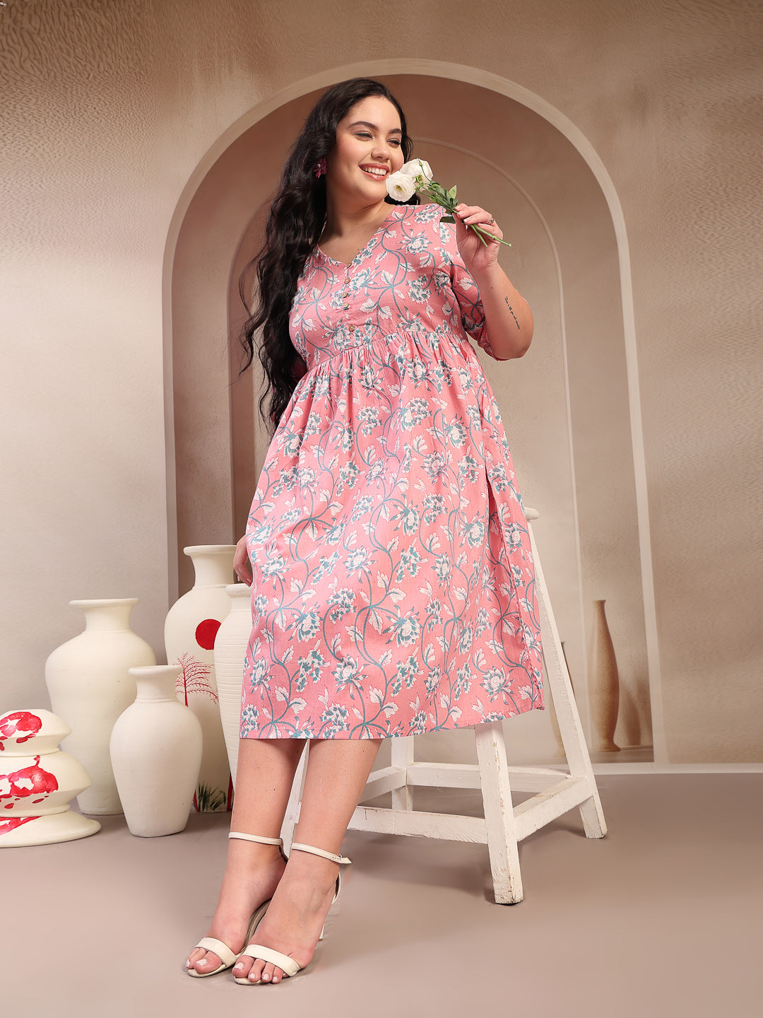 Women's Plus Size Pestal Pink Ethnic Printed Cotton Flared Dress (DRSP