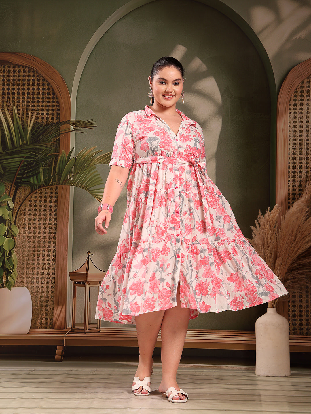 Women's Plus Size Pestal Pink Floral Printed Cotton Flared Dress (DRSP