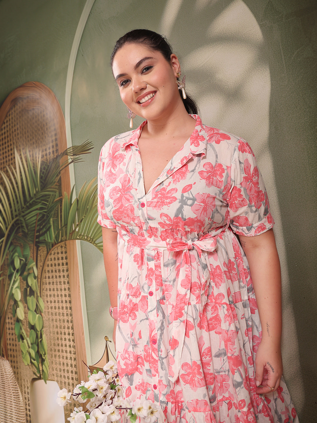 Women's Plus Size Pestal Pink Floral Printed Cotton Flared Dress (DRSP