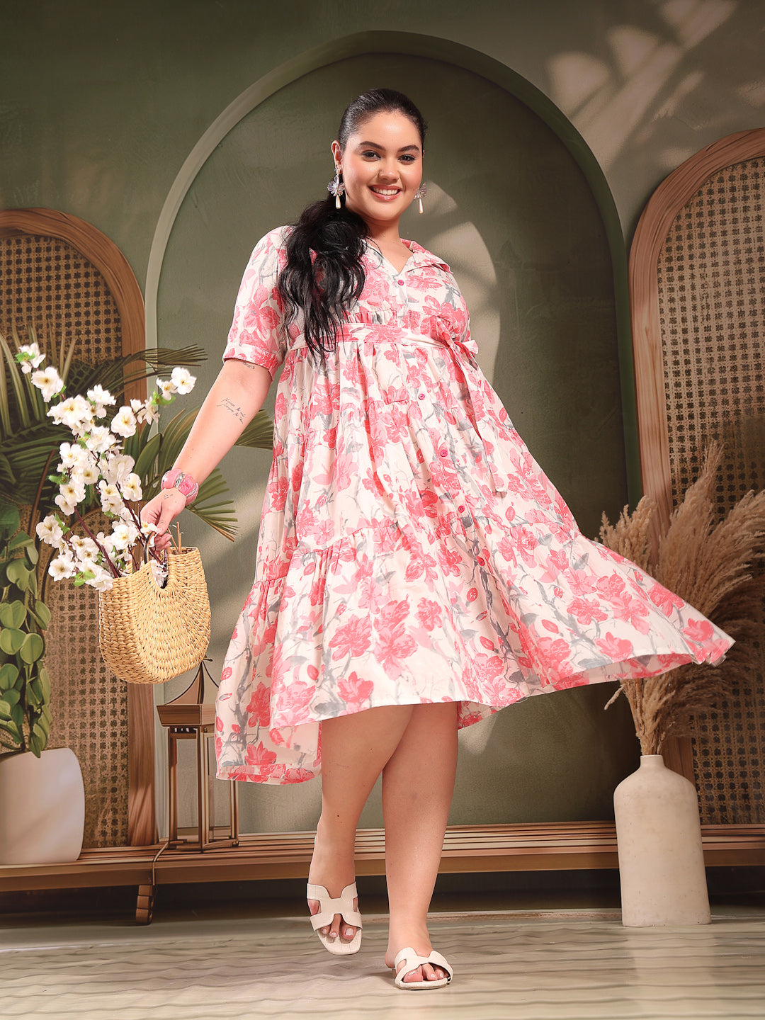 Women's Plus Size Pestal Pink Floral Printed Cotton Flared Dress (DRSP
