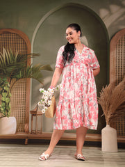Stylum Women's Plus Size Pestal Pink Floral Printed Cotton Flared Dress (DRSPINKKINNUPLUS)