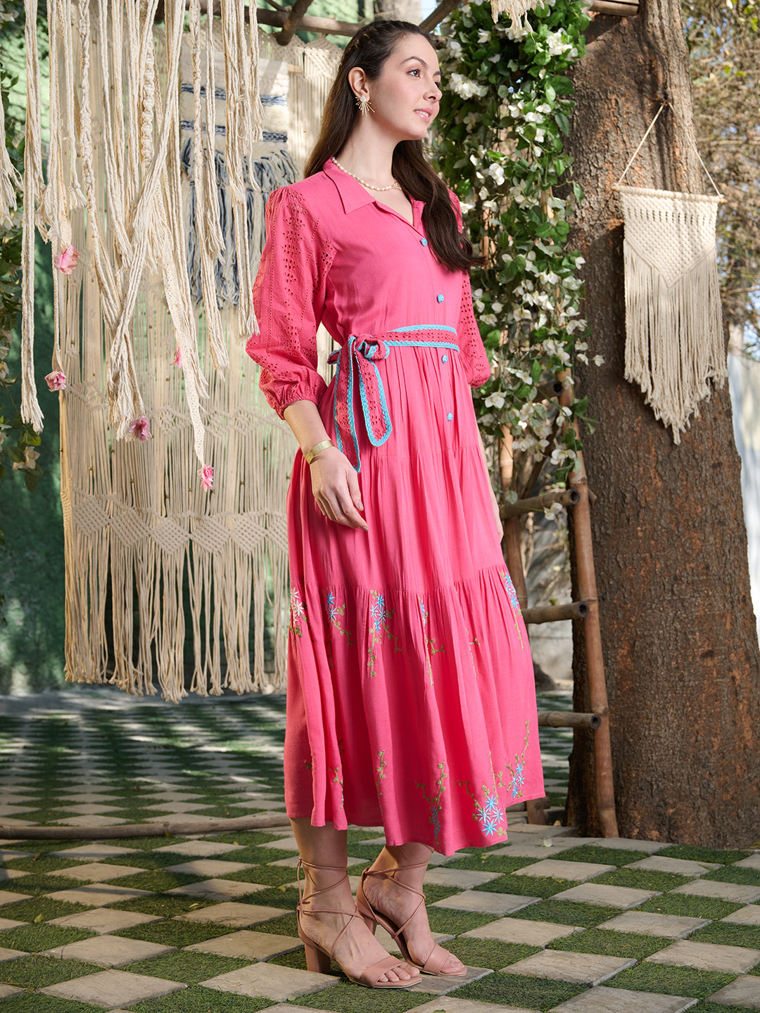 Women's Pink Solid & Embroidered Rayon Flared Dress (DRSPINKLUCK) | De