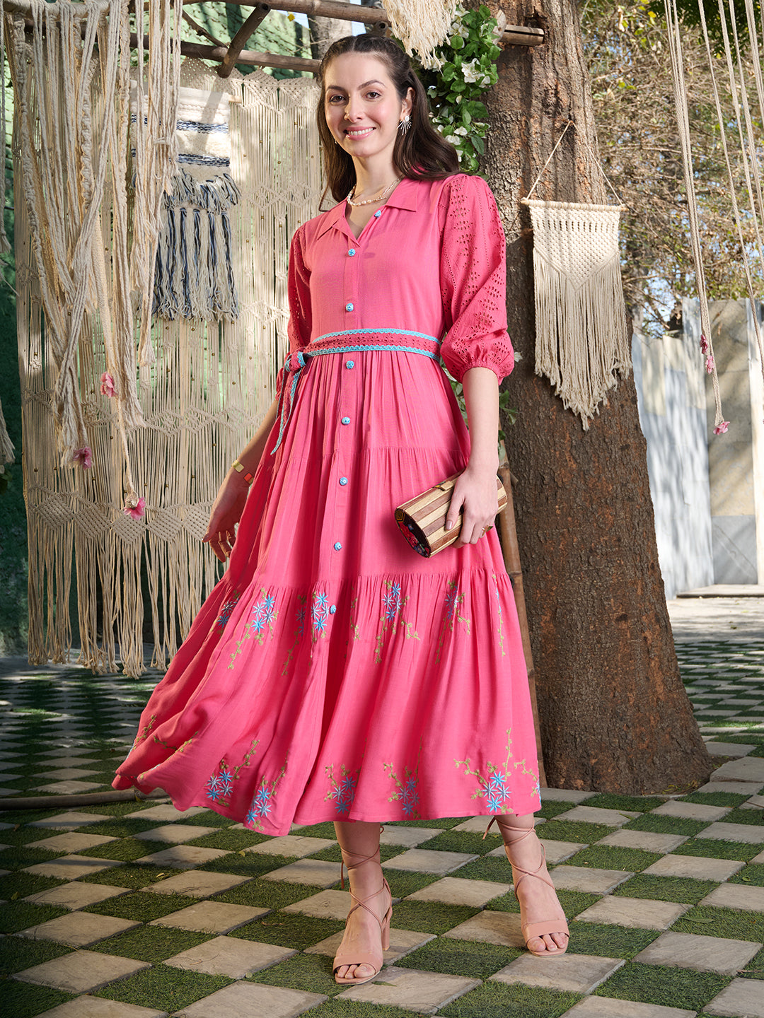 Women's Pink Solid & Embroidered Rayon Flared Dress (DRSPINKLUCK) | De