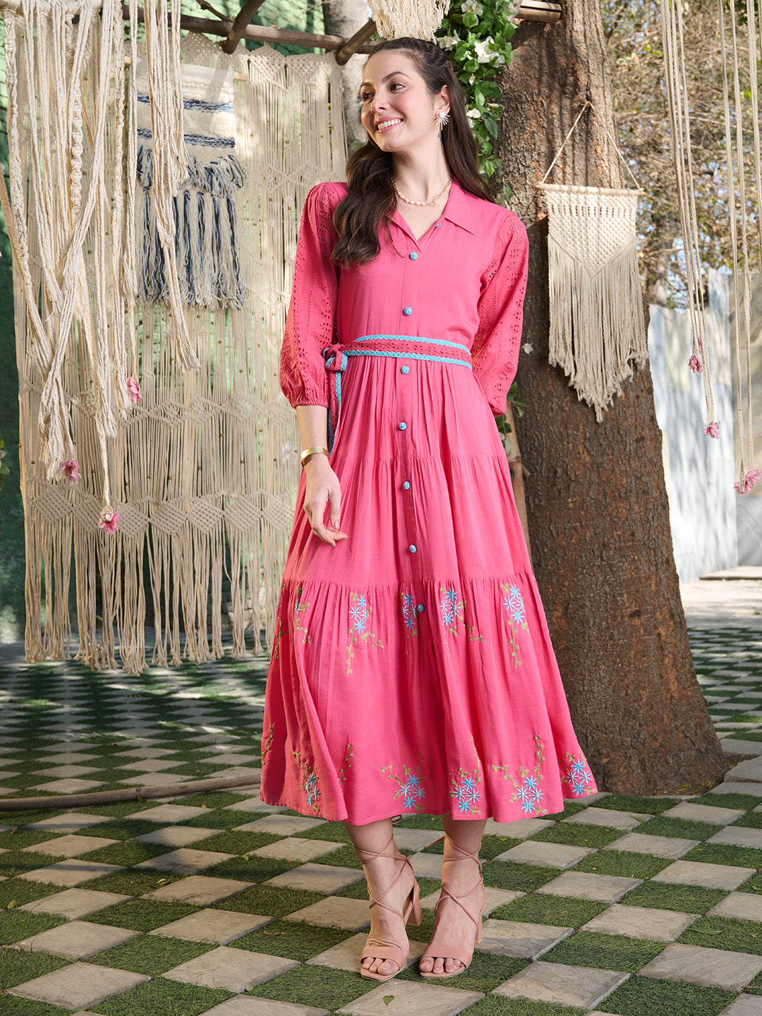 Women's Pink Solid & Embroidered Rayon Flared Dress (DRSPINKLUCK) | De