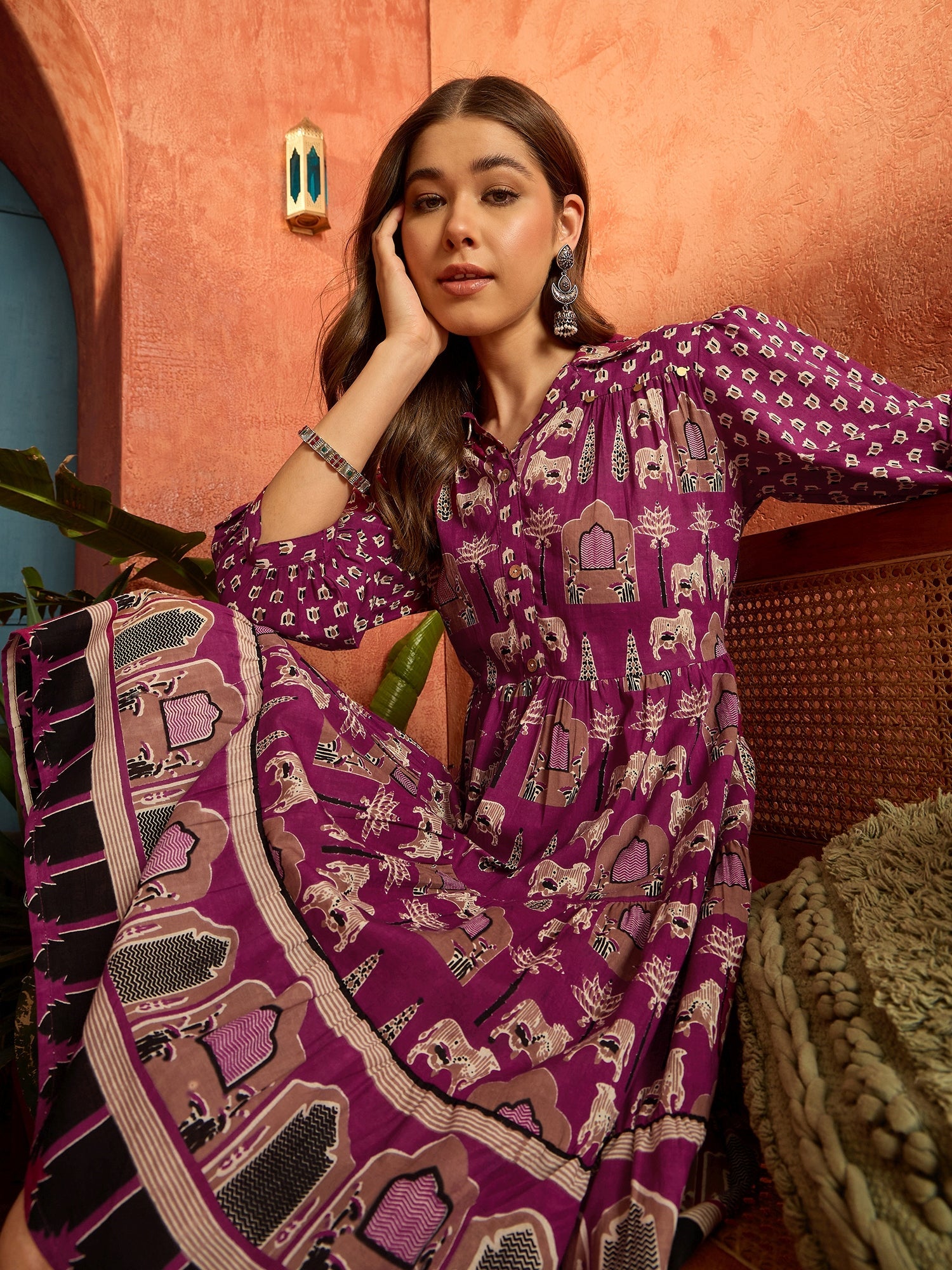 Women's Pink Ethnic Printed Cotton Flared Dress (DRSPINKPORI) | DesiQl