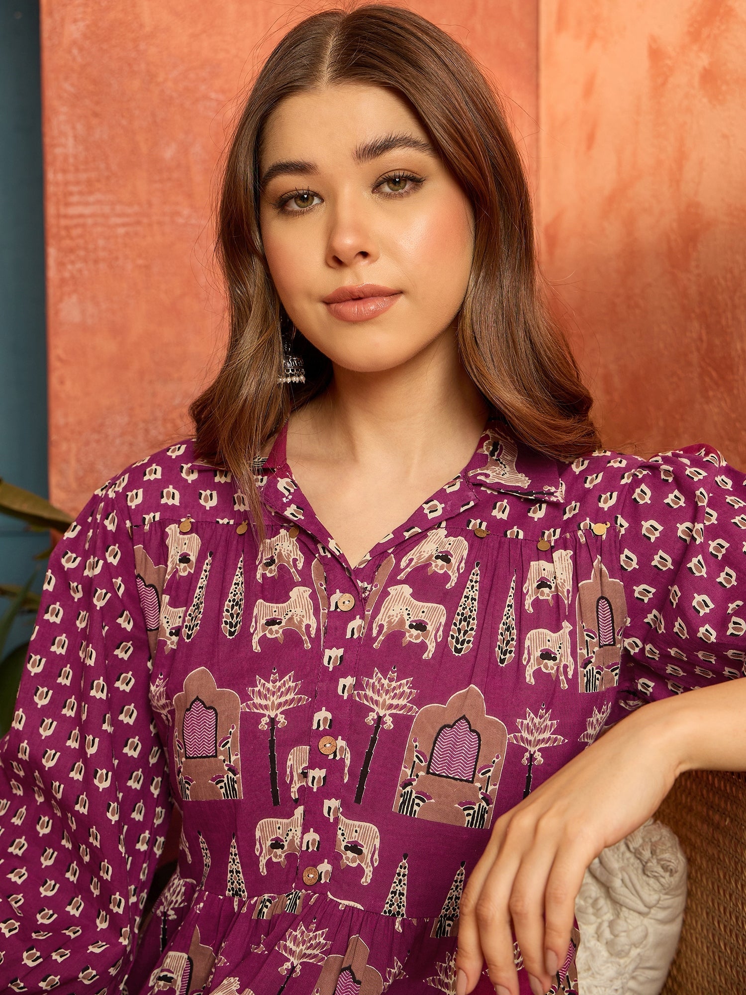 Women's Pink Ethnic Printed Cotton Flared Dress (DRSPINKPORI) | DesiQl