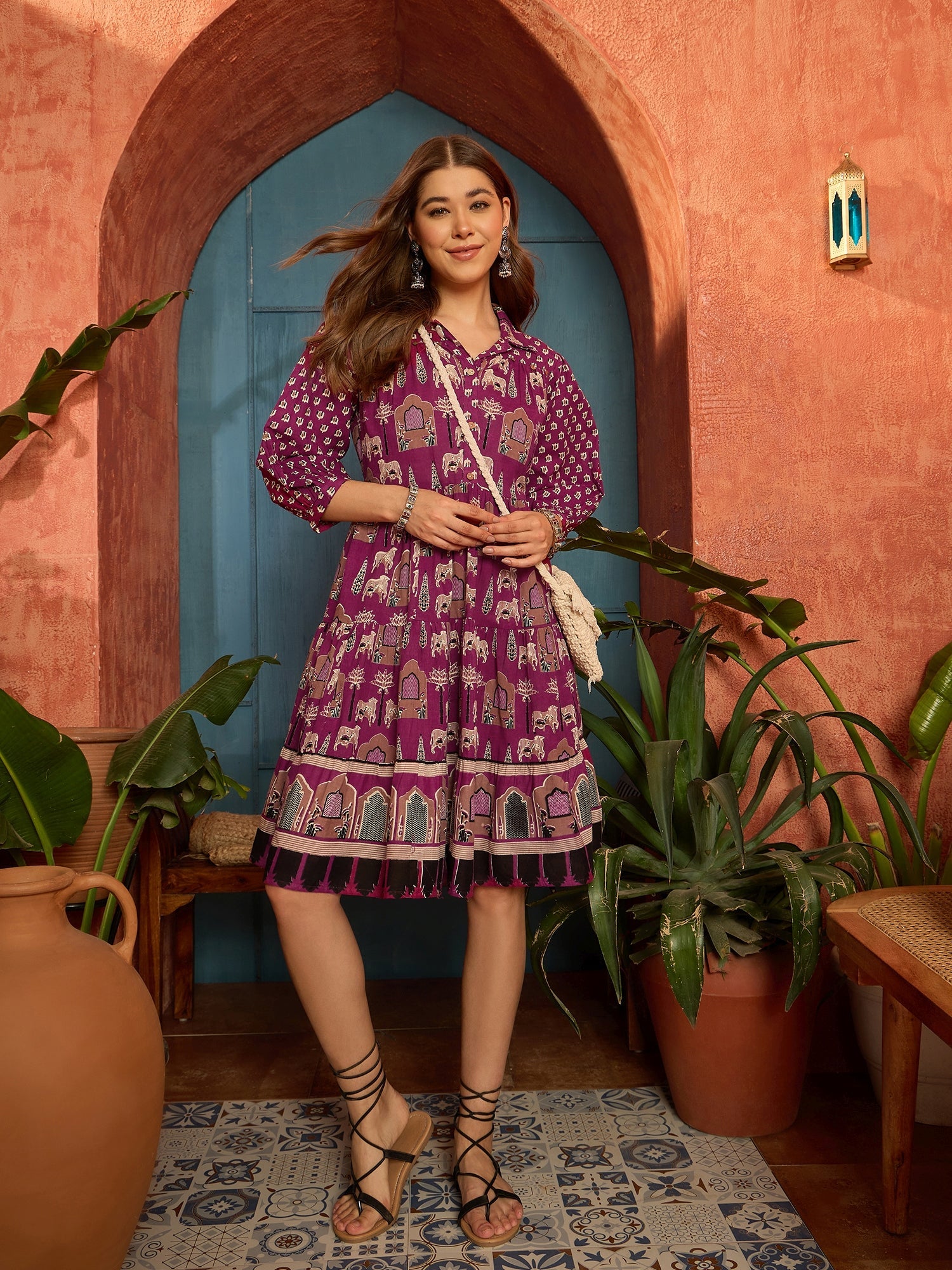 Women's Pink Ethnic Printed Cotton Flared Dress (DRSPINKPORI) | DesiQl