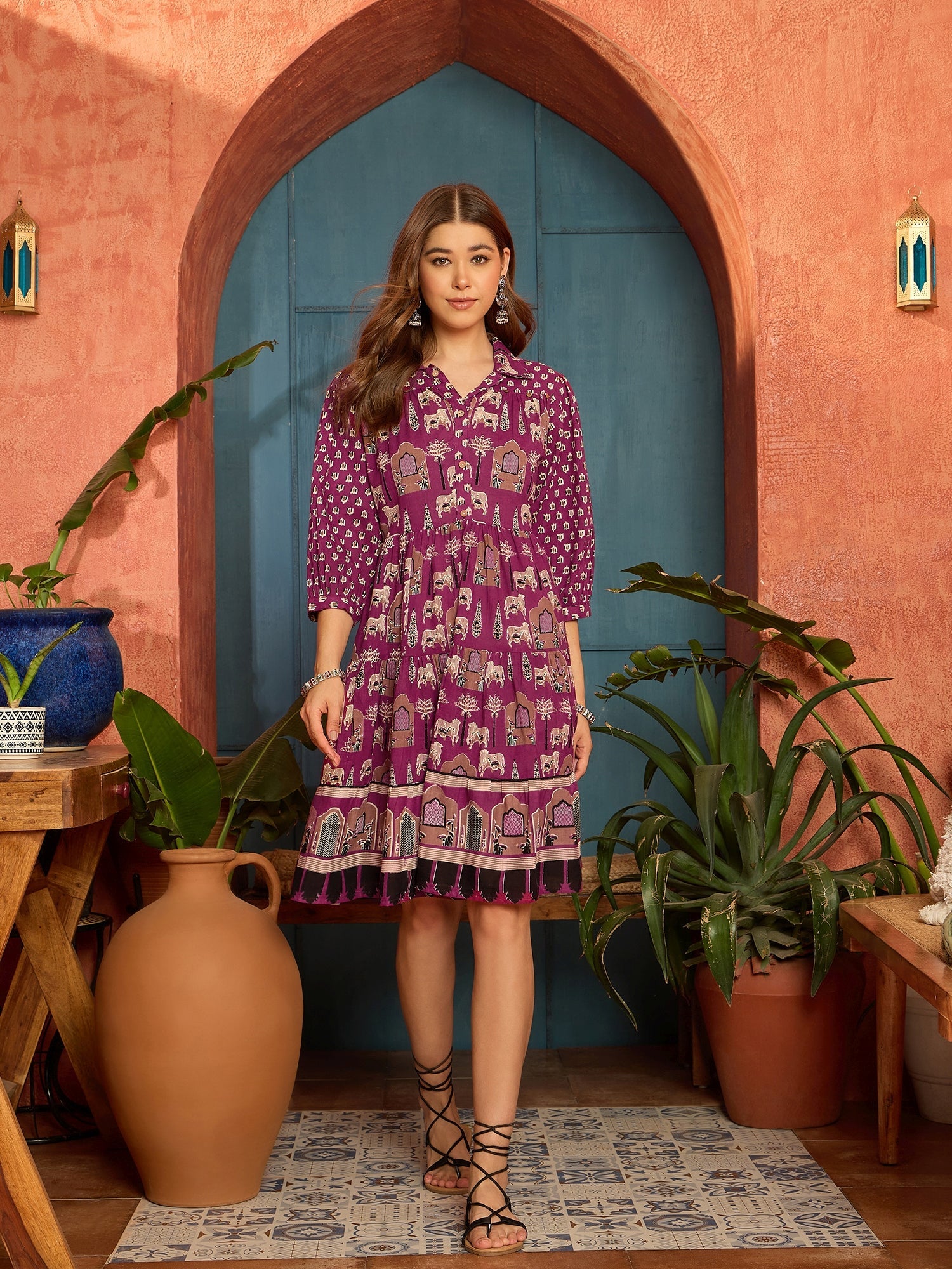 Women's Pink Ethnic Printed Cotton Flared Dress (DRSPINKPORI) | DesiQl