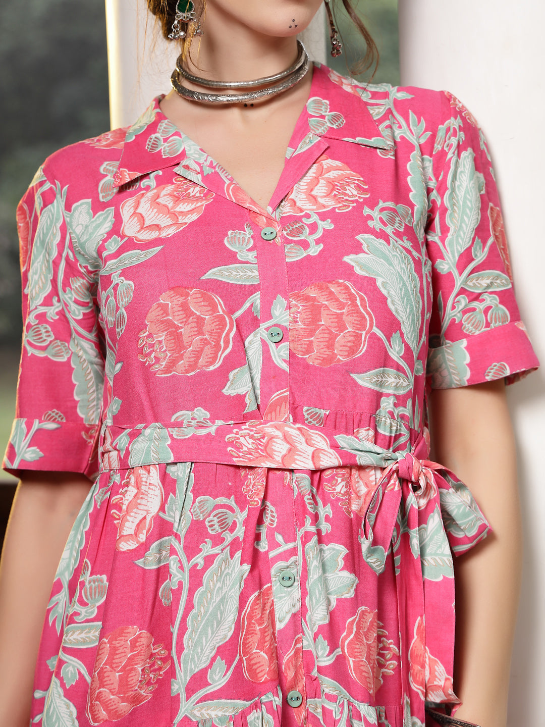 Women's Pink Floral Printed Rayon Tiered Dress (DRSPINKRENEE) | DesiQl