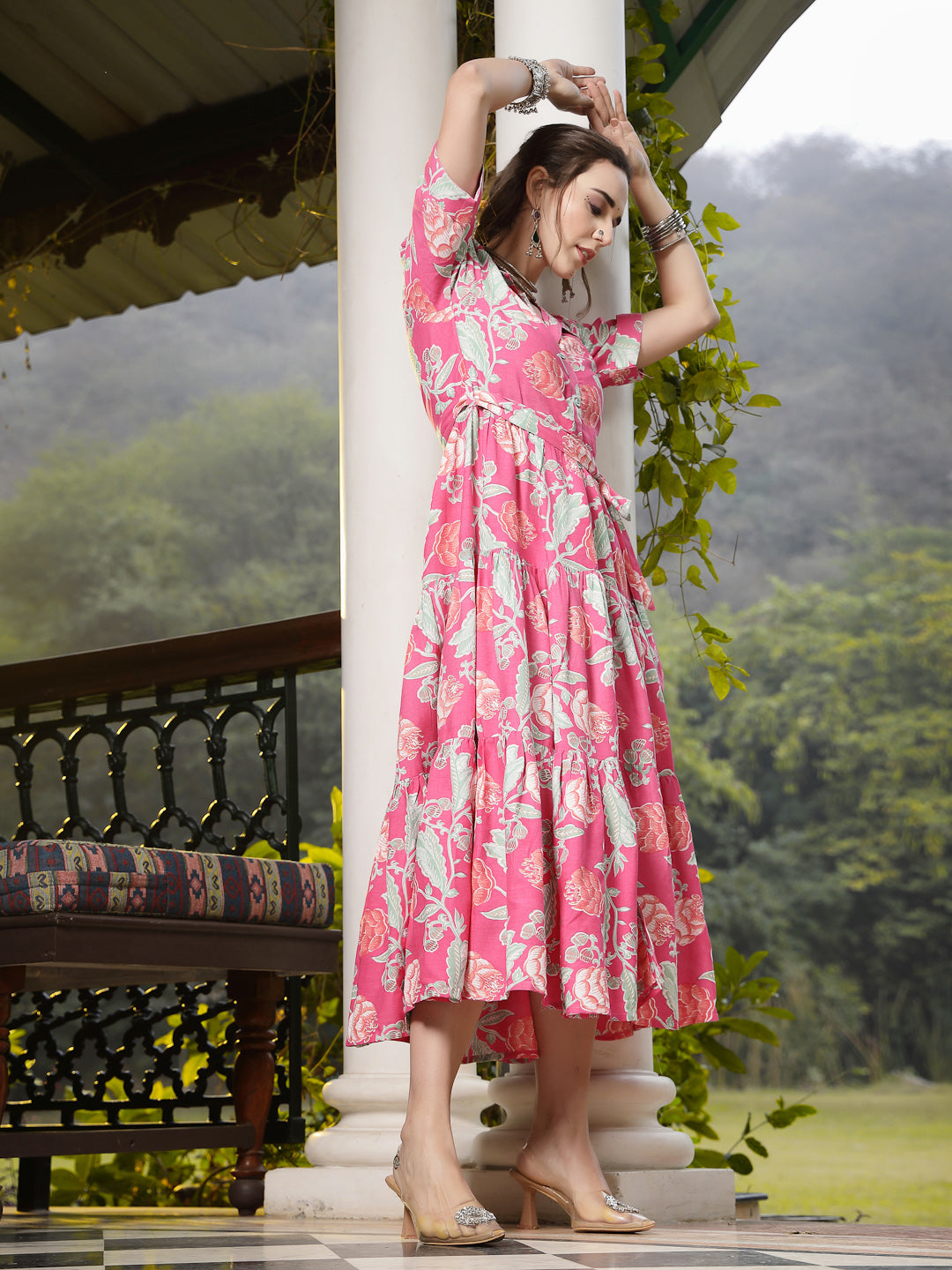 Women's Pink Floral Printed Rayon Tiered Dress (DRSPINKRENEE) | DesiQl