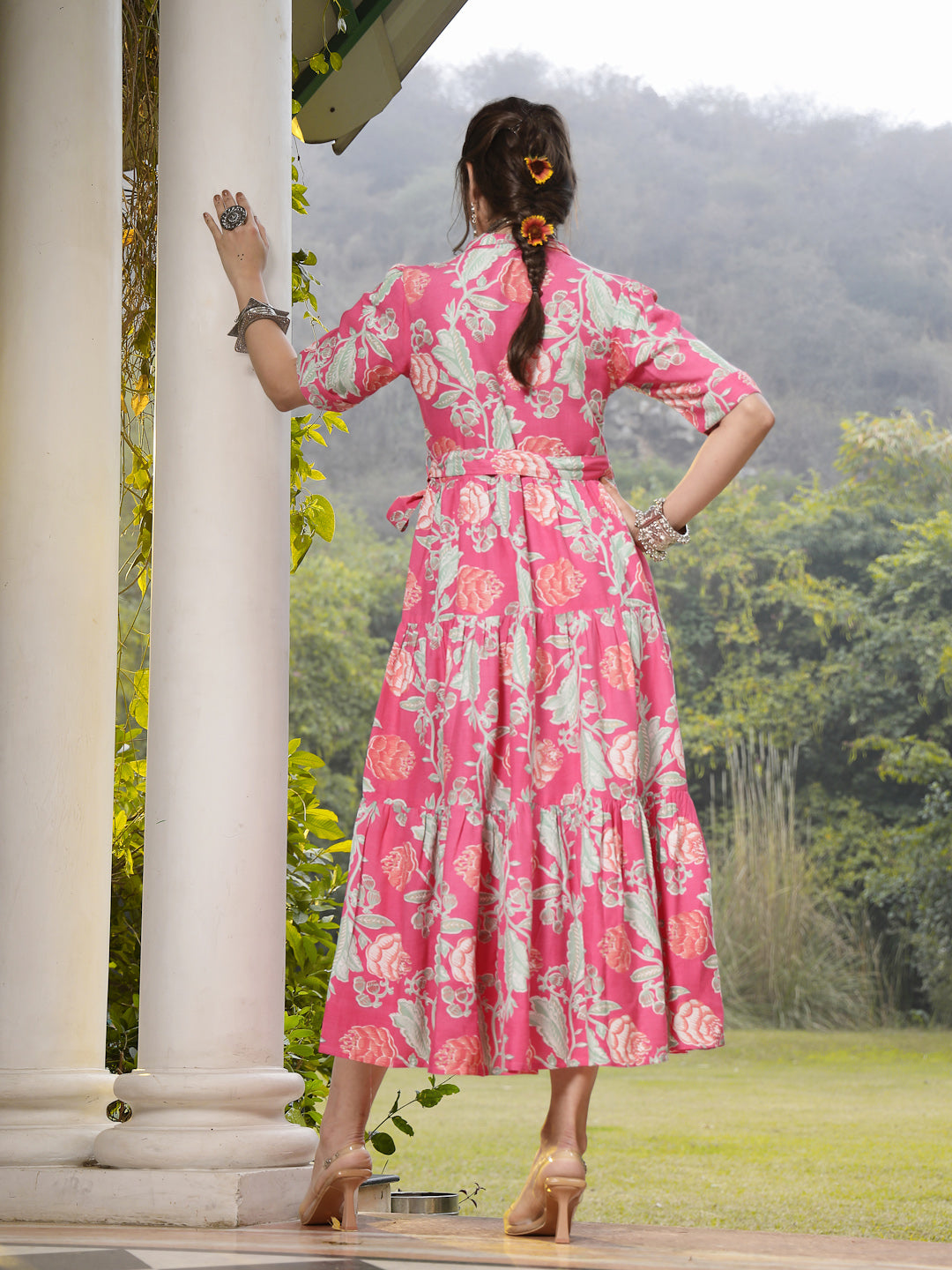 Women's Pink Floral Printed Rayon Tiered Dress (DRSPINKRENEE) | DesiQl