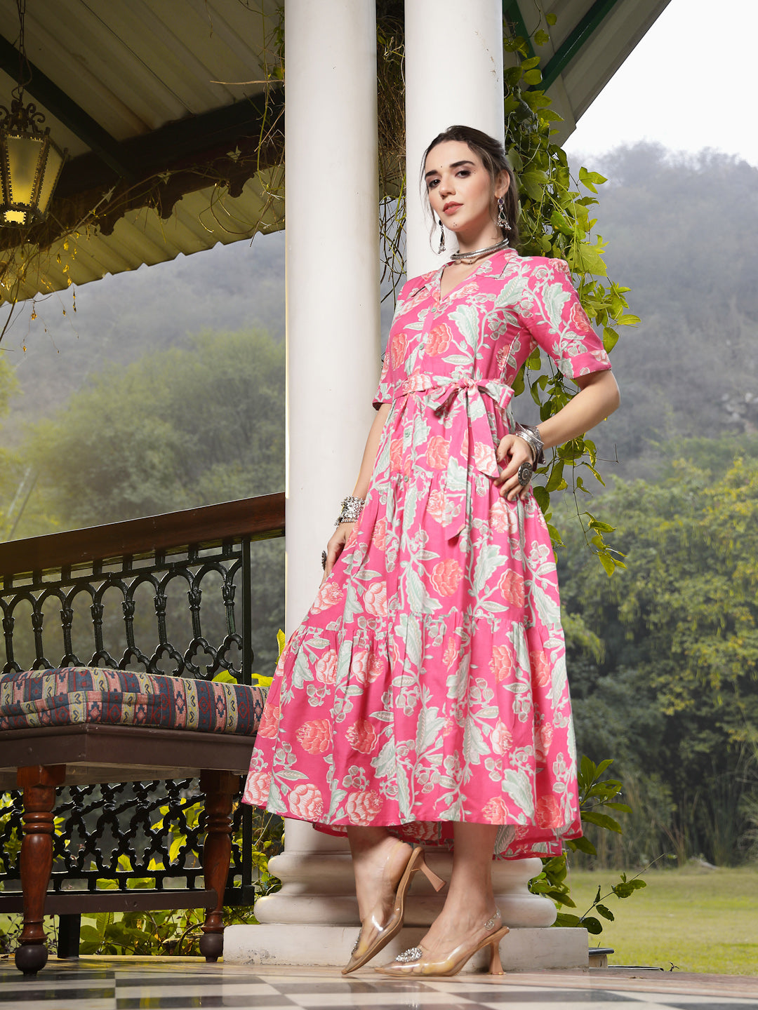 Women's Pink Floral Printed Rayon Tiered Dress (DRSPINKRENEE) | DesiQl