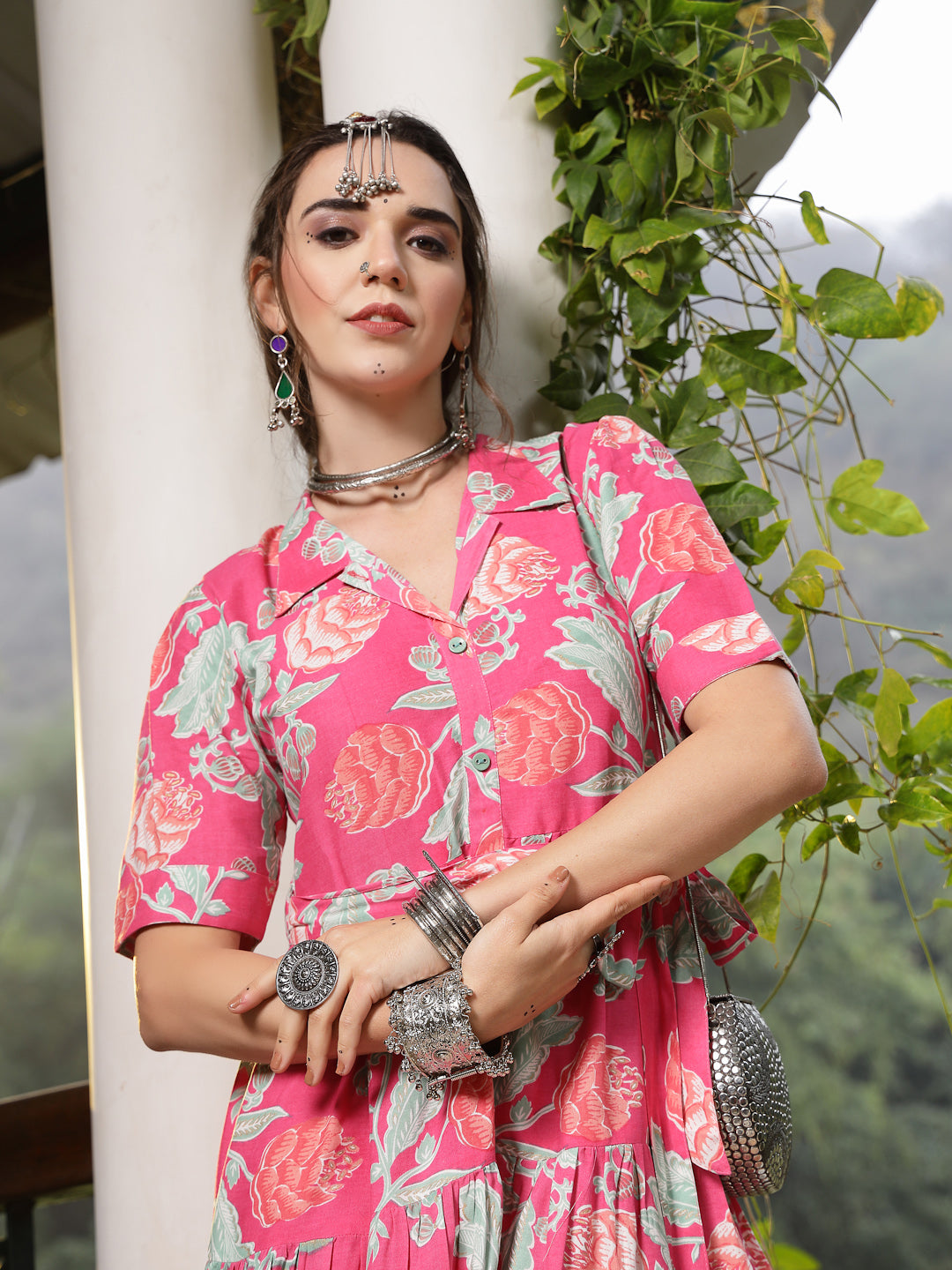 Women's Pink Floral Printed Rayon Tiered Dress (DRSPINKRENEE) | DesiQl