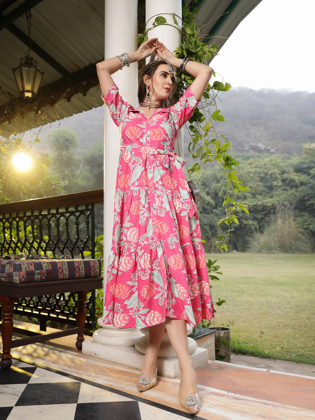 Women's Pink Floral Printed Rayon Tiered Dress (DRSPINKRENEE) | DesiQl