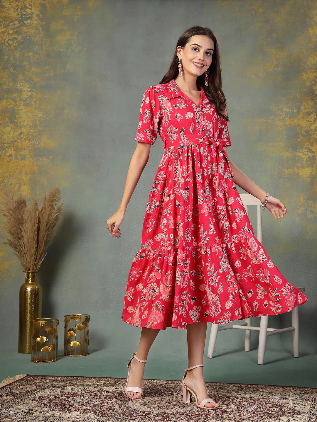 Pink Tropical Printed Rayon Dress Pink Tropical Printed Rayon Dress