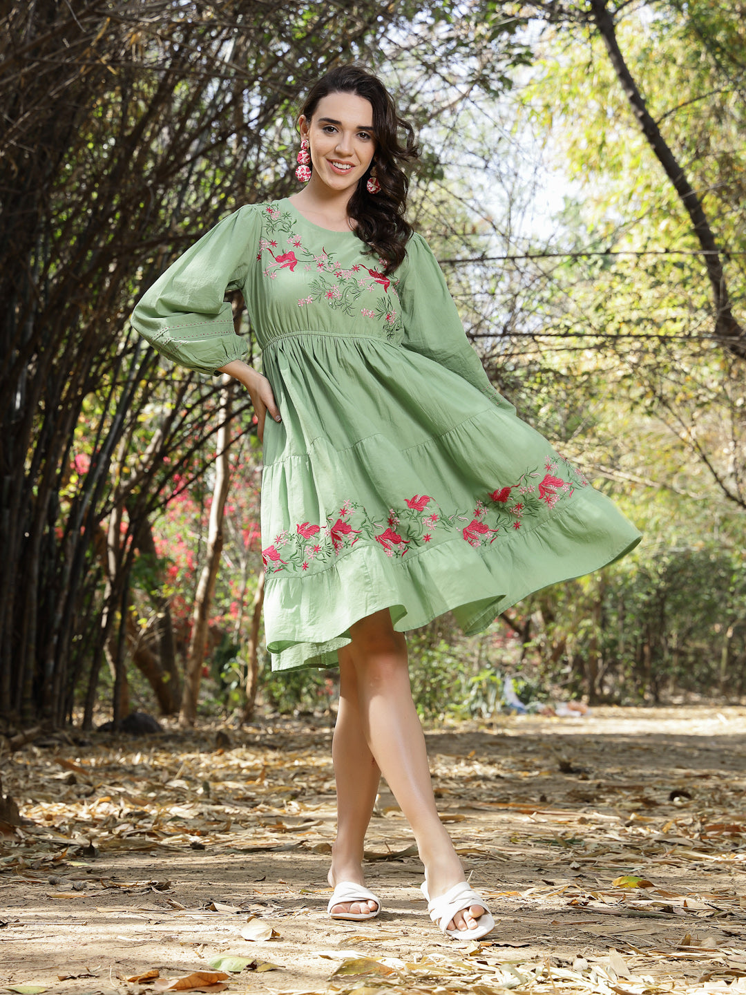 Women's Pestal Green Solid & Embroidered Cotton Tiered Dress (DRSPISTA