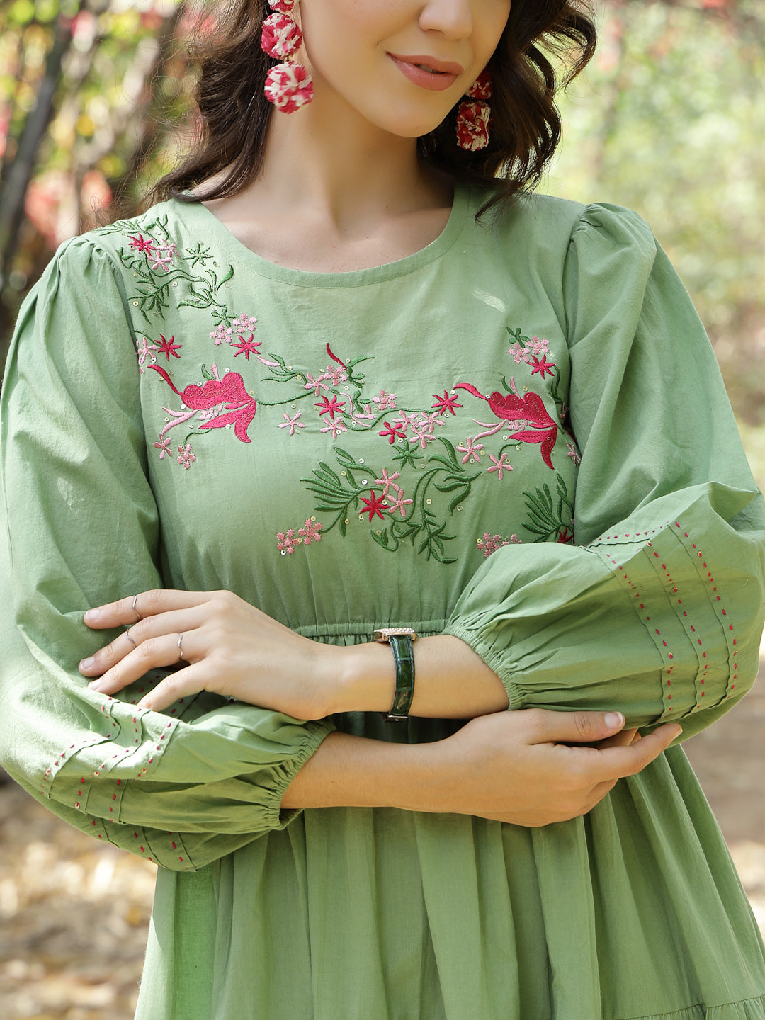 Women's Pestal Green Solid & Embroidered Cotton Tiered Dress (DRSPISTA