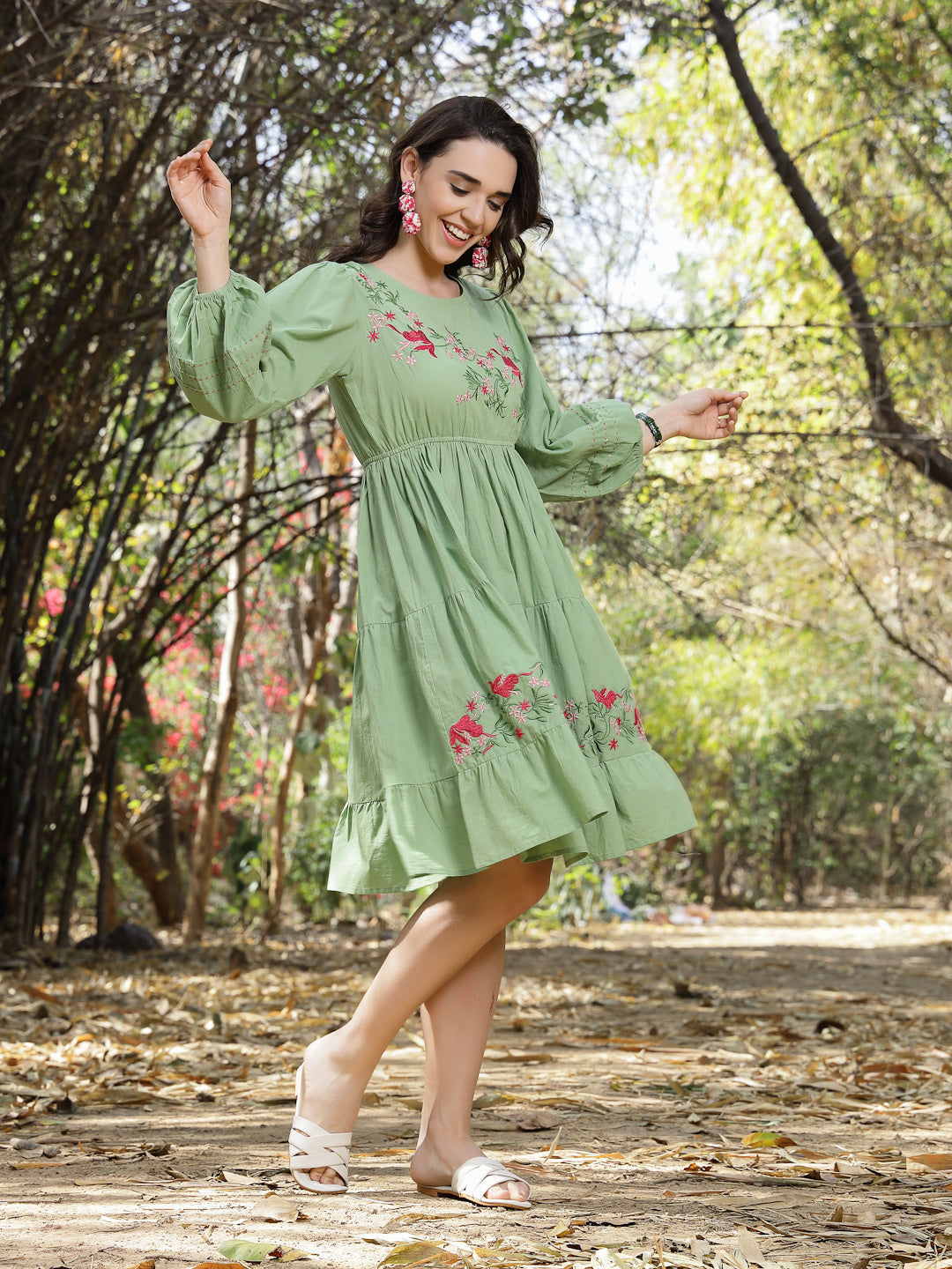 Women's Pestal Green Solid & Embroidered Cotton Tiered Dress (DRSPISTA