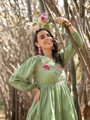 Stylum Women's Pestal Green Solid & Embroidered Cotton Tiered Dress (DRSPISTALEETA)