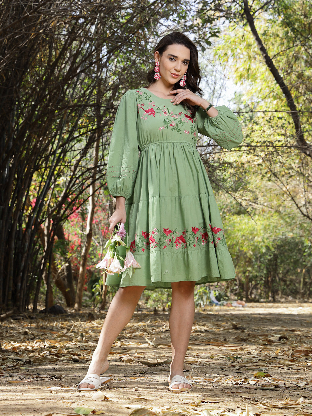 Women's Pestal Green Solid & Embroidered Cotton Tiered Dress (DRSPISTA